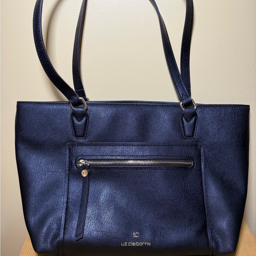 Liz Claiborne Black Tote with Leather Material and Structured Shape